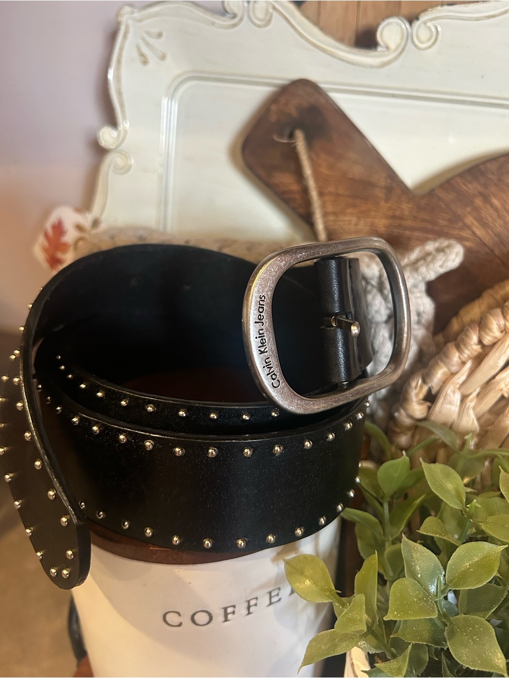 Calvin Klein Jeans Black Stud Trim Leather Belt with Branded Buckle